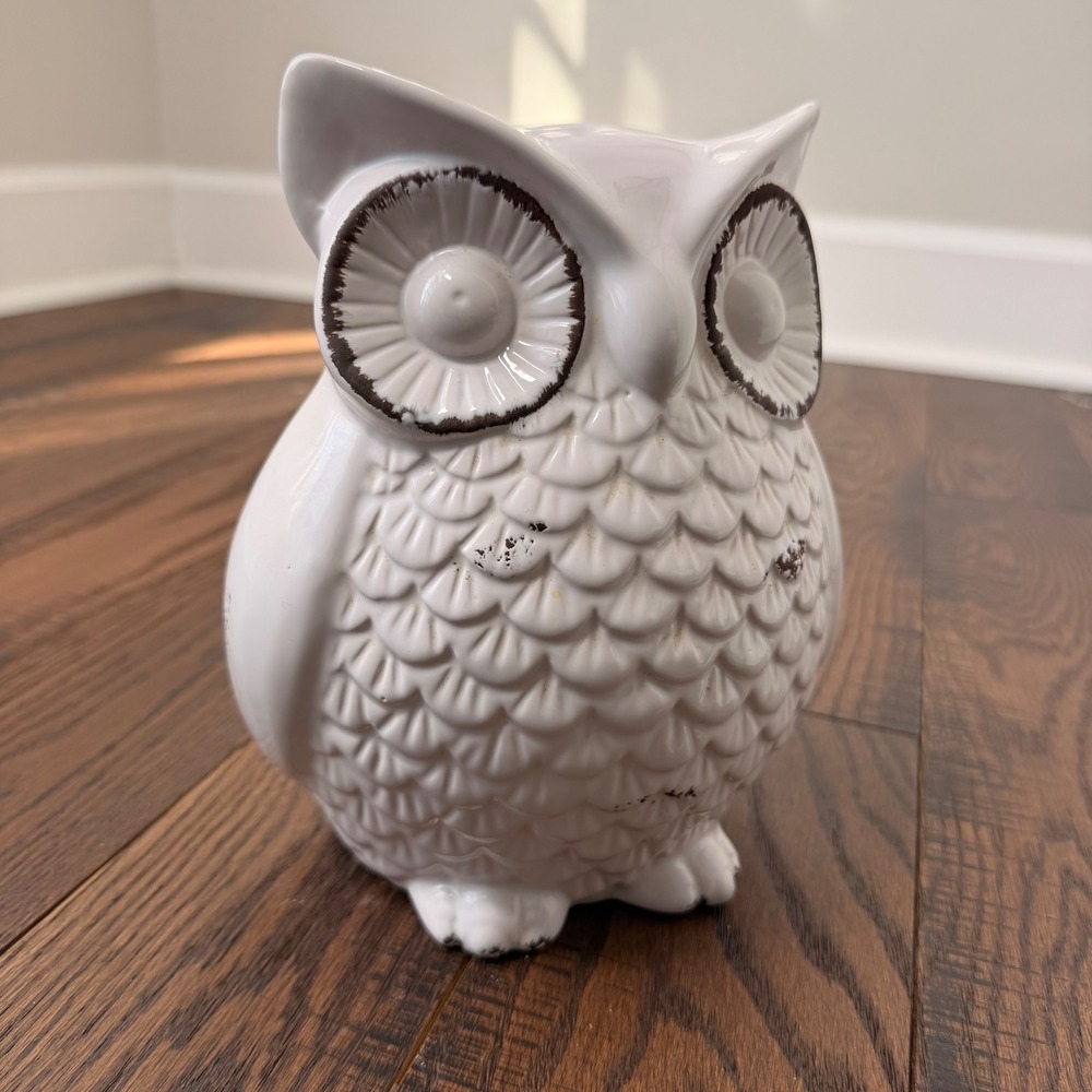 Owl Figurine Cream‎ Glazed Ceramic Cottage Coastal Shelf Decor Distressed Finish